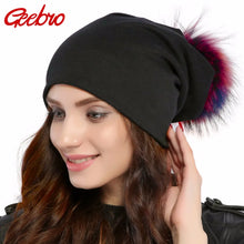 Load image into Gallery viewer, Geebro Brand Women's Beanie Hat Casual Cotton Pompom Beanies Hats Raccoon Fox Fur Pompon Skullies Balaclava Caps For Women JS294
