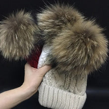 Load image into Gallery viewer, 2022 Women's hats Add velvet Fleece Inside Beanies Winter Hats for women 100% Raccoon Fur Pompom Hat Female Twist pattern caps
