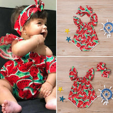 Load image into Gallery viewer, 2PCS Newborn Baby Girl Watermelon Summer  Cute Bodysuit Jumpsuit Outfit WIth Bow For Girls
