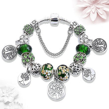 将图片加载到图库查看器，Elegant Modern Amazing Fashion New Luxury Silver Tree of Life Fashion Bracelet Green Leaf Crystal Charm Bracelet
