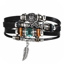 将图片加载到图库查看器，BOHO Tibet Stone Feather Multilayer Leather Bracelet Eye Fish Charms Beads Bracelets For Men Vintage Punk Wrap Wristband Cool Jewelry
