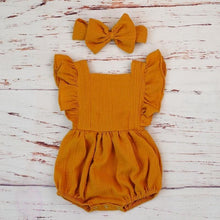 Load image into Gallery viewer, Cotton Baby Girl Double Ruffle Romper Jumpsuit with Headband  Playsuit For Newborn With Bow
