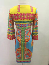 将图片加载到图库查看器，EFATZP Autumn Brand Jersey Silk Dress Women's 3/4 Sleeves Colorful Geometric Print Knee Length Dress
