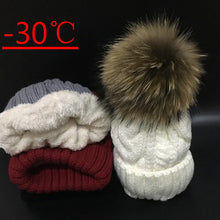 Load image into Gallery viewer, 2022 Women's hats Add velvet Fleece Inside Beanies Winter Hats for women 100% Raccoon Fur Pompom Hat Female Twist pattern caps

