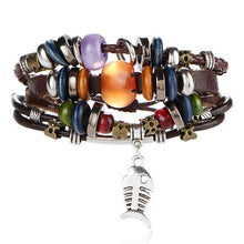 将图片加载到图库查看器，BOHO Tibet Stone Feather Multilayer Leather Bracelet Eye Fish Charms Beads Bracelets For Men Vintage Punk Wrap Wristband Cool Jewelry

