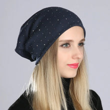 Load image into Gallery viewer, Geebro Women's Beanie Hat with Rhinestones Ladies Spring Plain Color Cotton Knitted Slouchy Beanies Bonnet Female Skull Beanie
