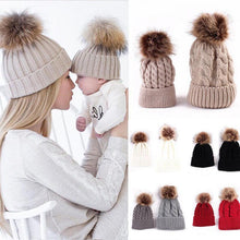 将图片加载到图库查看器，2Pcs Modern Mother &amp; Baby Child Warm Winter Beanie Fur Pom Hat Crochet Ski Cap For Winter

