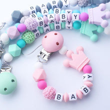 Load image into Gallery viewer, Pink Silicone Personalised Name Baby Pacifier Clips Crochet Beads Silicone Crown Pacifier Chain Holder For Kids and Baby Pacifier
