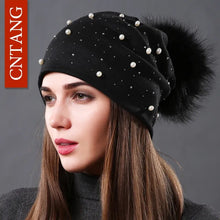 Load image into Gallery viewer, CNTANG 2022 Women's Fashion Hat Autumn Winter Rhinestones Pearl Hats Female Beanies Natural Raccoon Fur Pompom Cotton Warm Caps
