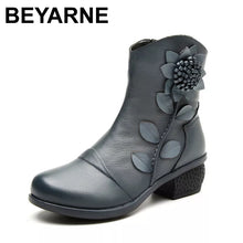 Load image into Gallery viewer, BEYARNE New Women's Fashion Winter Warm Genuine Leather Ankle Boots Women Oblique Zipper Floral Boots for Women Red Black Blue

