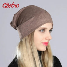 Load image into Gallery viewer, Geebro Women's Beanie Hat with Rhinestones Ladies Spring Plain Color Cotton Knitted Slouchy Beanies Bonnet Female Skull Beanie
