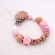 将图片加载到图库查看器，Handmade Personalized Name Silicone Wood Pacifier Clips Safe Teething Chain Baby Teether Clips Holder For Pacifier For Kids
