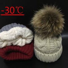 Load image into Gallery viewer, 2022 Women's hats Add velvet Fleece Inside Beanies Winter Hats for women 100% Raccoon Fur Pompom Hat Female Twist pattern caps
