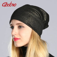 将图片加载到图库查看器，Geebro Spring Women's Bronzing Black Beanies Hat Casual Slouchy Beanie for Girls Metallic Color Skullies Cap Bonnet For Female
