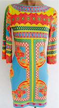 将图片加载到图库查看器，EFATZP Autumn Brand Jersey Silk Dress Women's 3/4 Sleeves Colorful Geometric Print Knee Length Dress
