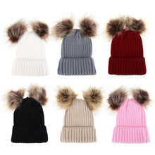 将图片加载到图库查看器，Fashion Parent-child Caps Cute Infant Baby Pom Pom Cap Winter Double Fur Ball Hat Baby Mom Warm Knitted Hat

