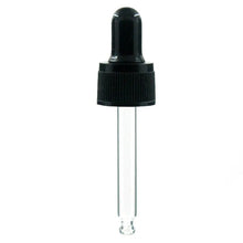 将图片加载到图库查看器，18-410 glass dropper black/white ribbed skirt plastic/aluminum Cap assembly with rubber bulb and glass pipette X10
