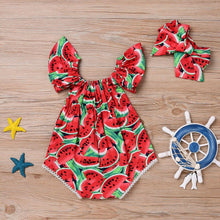 Load image into Gallery viewer, 2PCS Newborn Baby Girl Watermelon Summer  Cute Bodysuit Jumpsuit Outfit WIth Bow For Girls
