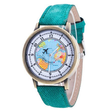 将图片加载到图库查看器，Fashion Casual Watches Women Casual Wristwatch Personality World Map With Airplane Pattern Cowboy Band Quartz Watch For Woman  and Girls

