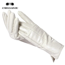 将图片加载到图库查看器，White leather women's gloves, Genuine Leather, cotton lining warm, Fashion leather gloves, leather gloves warm winter-2226
