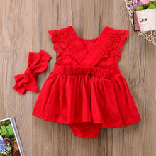Load image into Gallery viewer, Modern Baby Girl Ruffle Red Lace Romper Party Cotton Dresses with a headband for Newborn And Girls 0-24Months
