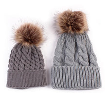 将图片加载到图库查看器，2Pcs Modern Mother &amp; Baby Child Warm Winter Beanie Fur Pom Hat Crochet Ski Cap For Winter
