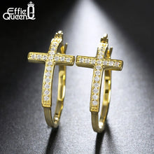 Load image into Gallery viewer, Effie Queen Hot Sale Big Hoop Earrings with CZ Diamonds Classic Cross Style Clip Design  Women's Earring Jewelry Gift DE142
