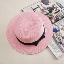 将图片加载到图库查看器，Classic Simple Female Hat For Summer Beach Hat Casual Lady Summer Solid Color Straw Hat Women Elegant Hat Traveling Hats UV Protection Sun Cap Women Flat Bowknot Design Cute Cap Girls Hat 56-58cm
