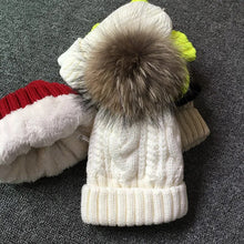 Load image into Gallery viewer, 2022 Women's hats Add velvet Fleece Inside Beanies Winter Hats for women 100% Raccoon Fur Pompom Hat Female Twist pattern caps
