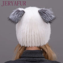 Load image into Gallery viewer, JERYAFUR Winter Women's Mink Hat Vertical Weaving Hat Genuine Natural Fox Mink Fur Cap Lovely Cat Ears Style Hats
