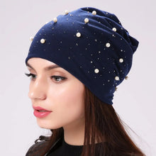 将图片加载到图库查看器，Geebro Brand Women's Beanie Hat Casual Polyester Shine Pearls&amp;Rhinestones Beanies For Women Skull Beanie Hats Bonnet For Female
