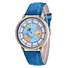 将图片加载到图库查看器，Fashion Casual Watches Women Casual Wristwatch Personality World Map With Airplane Pattern Cowboy Band Quartz Watch For Woman  and Girls
