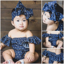 将图片加载到图库查看器，Modern Infant Baby Girls Bodysuits Headband 2PCS Hearts Love Short Sleeve Off Shoulder Jumpsuits Summer Causal Set WIth Big Bow
