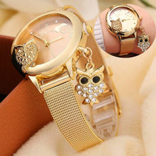 将图片加载到图库查看器，STEVVEX Gold  Watch Brand Quartz Women Rose Gold Stainless Steel Mesh Belt Ladies Wristwatch Female Clock Owl (Gold) For Women and Girls
