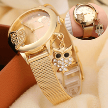 将图片加载到图库查看器，STEVVEX Gold  Watch Brand Quartz Women Rose Gold Stainless Steel Mesh Belt Ladies Wristwatch Female Clock Owl (Gold) For Women and Girls
