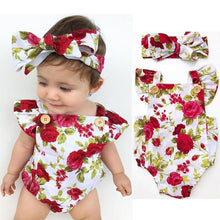将图片加载到图库查看器，Luxury Modern Cute Floral Romper Baby Girls Clothes Jumpsuit Romper Headband Toddler Dress With Bow For Girls

