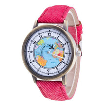 将图片加载到图库查看器，Fashion Casual Watches Women Casual Wristwatch Personality World Map With Airplane Pattern Cowboy Band Quartz Watch For Woman  and Girls
