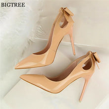 Load image into Gallery viewer, Spring Patent Leather Fashion Bowtie Women's Shoes Back Heel Cut-Outs Sexy Pumps Female High Heels Pointed Toe Dress Party Shoes
