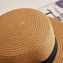 将图片加载到图库查看器，Classic Simple Female Hat For Summer Beach Hat Casual Lady Summer Solid Color Straw Hat Women Elegant Hat Traveling Hats UV Protection Sun Cap Women Flat Bowknot Design Cute Cap Girls Hat 56-58cm
