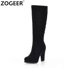 将图片加载到图库查看器，Women's Winter High Boots Fashion Flock Knee High Boots Women Knight Boots Black Thick High Heels Zipper Round Toe Ladies Shoes
