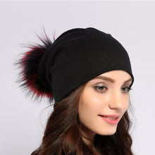 Load image into Gallery viewer, Geebro Brand Women's Beanie Hat Casual Cotton Pompom Beanies Hats Raccoon Fox Fur Pompon Skullies Balaclava Caps For Women JS294
