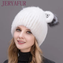 Load image into Gallery viewer, JERYAFUR Winter Women's Mink Hat Vertical Weaving Hat Genuine Natural Fox Mink Fur Cap Lovely Cat Ears Style Hats
