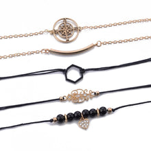 将图片加载到图库查看器，Bohemian Black Beads Chain Bracelets Bangles For Women Fashion Heart Compass Gold Color  Bracelets Sets Luxury Jewelry Gifts
