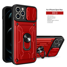 将图片加载到图库查看器，Heavy Duty Armor Case Card Pocket for iPhone 11 Pro 7 8 Plus Magnetic Phone Holder Cover Slide Lens Protection Design Card Holder Slot With Rotating Ring Armor Bumper Shockproof Case
