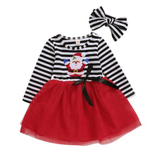 将图片加载到图库查看器，New Dress Baby Girls Christmas Santa Striped Print  Dress And Headband Outfits Children
