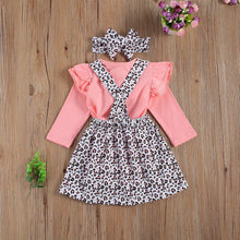 Load image into Gallery viewer, Baby Girl Dress Set Round Neck Long Sleeve Letter Printed Romper Leopard Bow Short Suspender Skirt Headband
