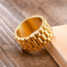 将图片加载到图库查看器，Vnox 11mm Watch Band Shaped Ring for Men, Gold Color Stainless Steel Punk Finger Band, Rock Gothic Hiphop Boy Jewelry
