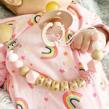 将图片加载到图库查看器，Handmade Personalized Name Silicone Wood Pacifier Clips Safe Teething Chain Baby Teether Clips Holder For Pacifier For Kids
