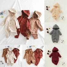 Load image into Gallery viewer, Newborn Clothing Solid Long Sleeve Hooded Button Pockets Romper Winter Warm Jumpsuit for Girls and Boys
