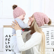 将图片加载到图库查看器，Infant Baby Boy Girl &amp; Mom Winter Knit Warm Soft Beanie Hat Hairball Cap for Adult Children Family Matching Caps Hats
